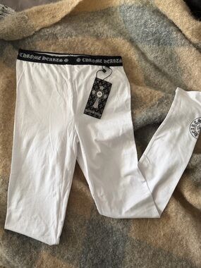 Chrome Hearts White Leggings with Black and White Cross Logo Tag